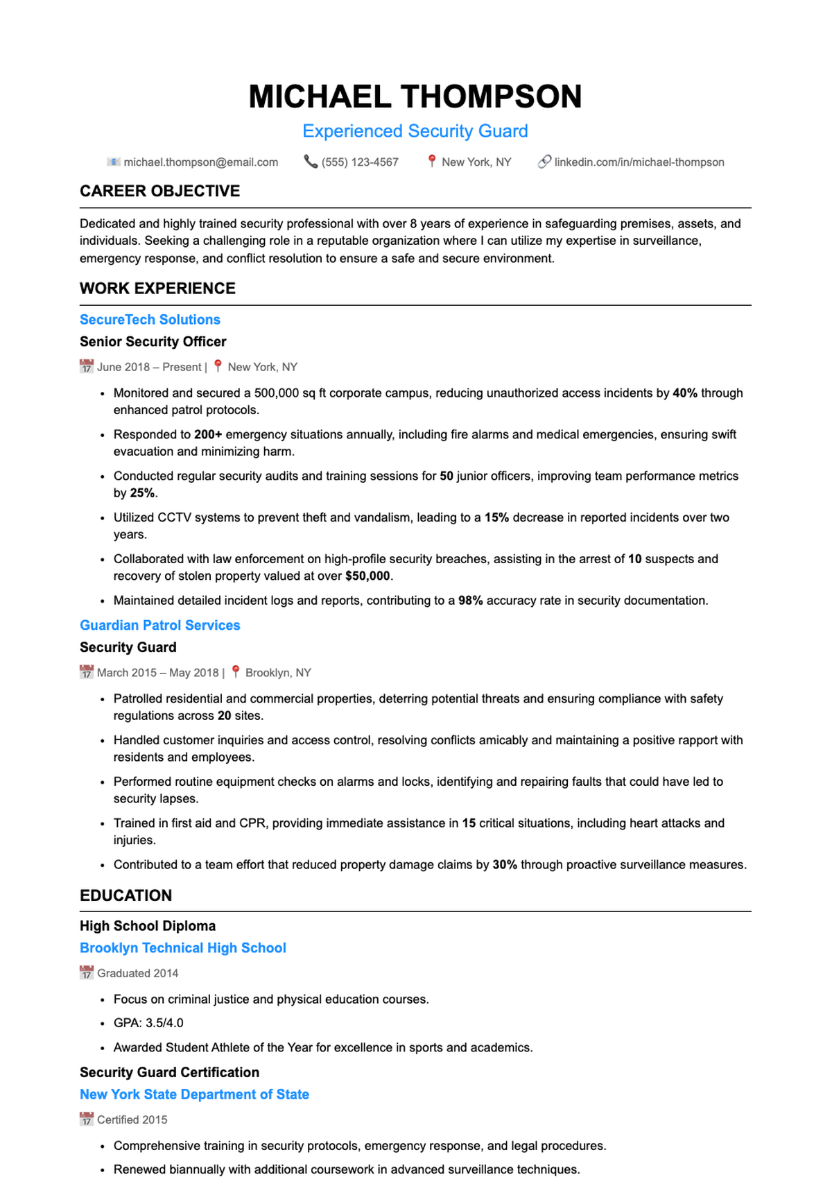 Professional entry level security guard resume with work experience and skills_variant_1